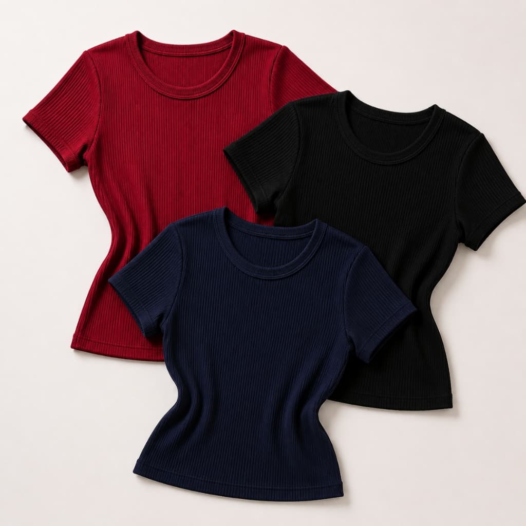Kit 3 Blusa Plus Size Baby Tee Feminina Básica Algodão Canelada Com Manga Curta Gola Careca