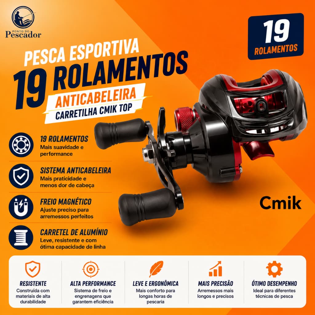 Pesca Esportiva Carretilha de 19 Rolamentos Sistema Anticabeleira