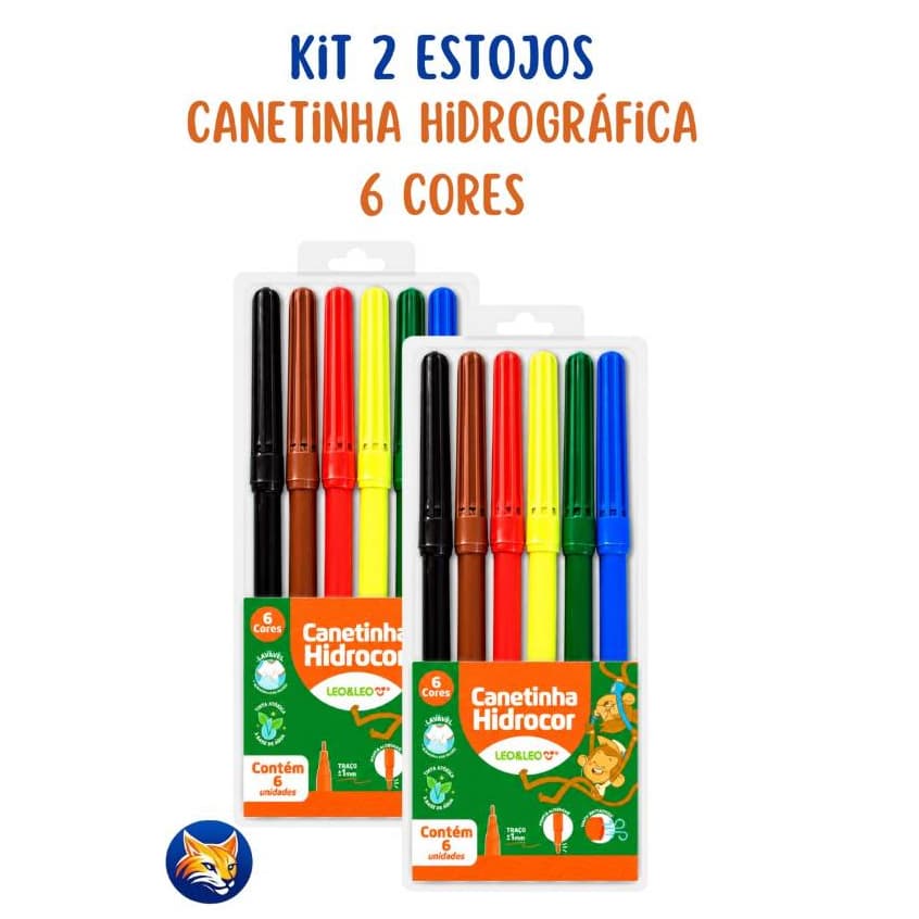 Kit 2 De Estojos Caneta Hidrográfica Hidrocor Lavável Canetinha Com 6 Cores Leo&Leo