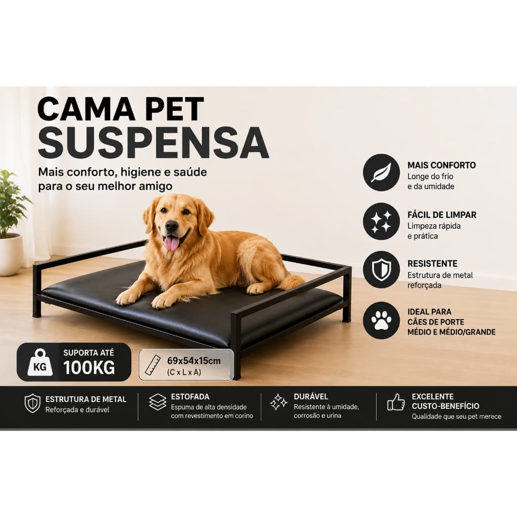 Cama Pet Suspensa Cachorro Grande Porte Médio Reforçada Elevada Estofada 69x54cm
