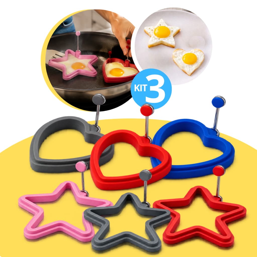 Kit Moldes Ovo Silicone Estrela e Coração 3 Unidades Coloridas