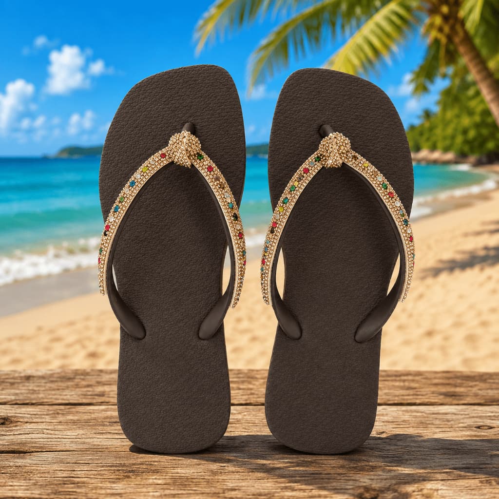 Chinelo Feminino Pedrarias Douradas Coloridas Elegante Confortável