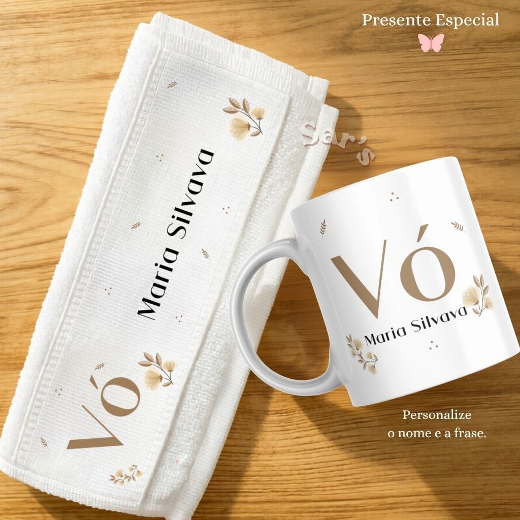 Caneca Personalizada Vó + toalhinha de mão + caixa presente - Xícara Porcelana 325m- Presente Vó