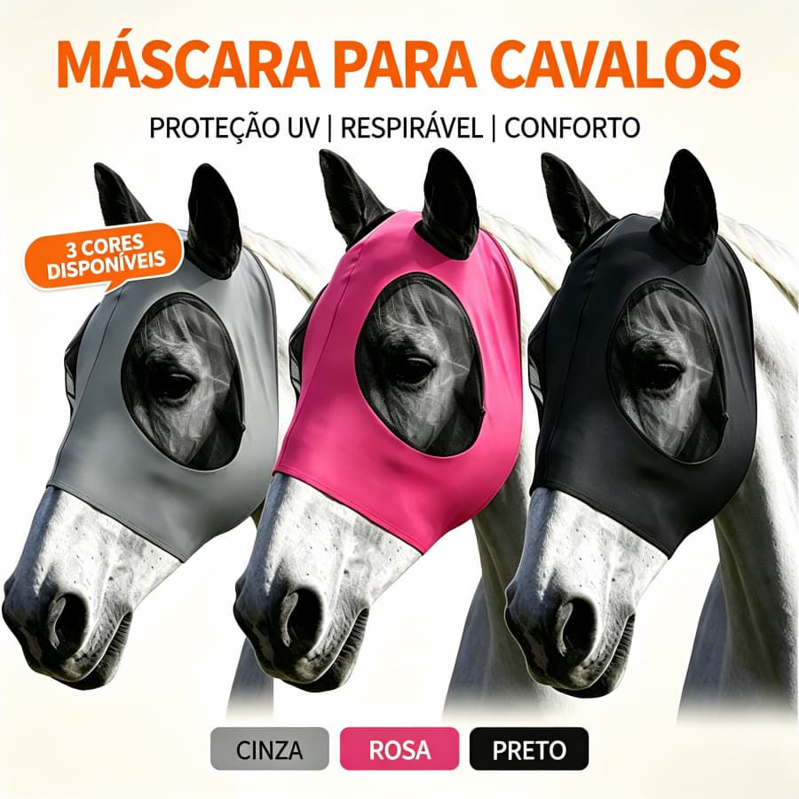 Máscara UV Anti Moscas para Cavalo e Potro – Repelente de Insetos, Respirável, Proteção Total