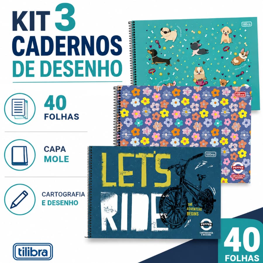Kit 3 Cadernos De Desenho Cartografia 40 Folhas Capa Mole Tilibra Pepper Feminino Masculino Espiral