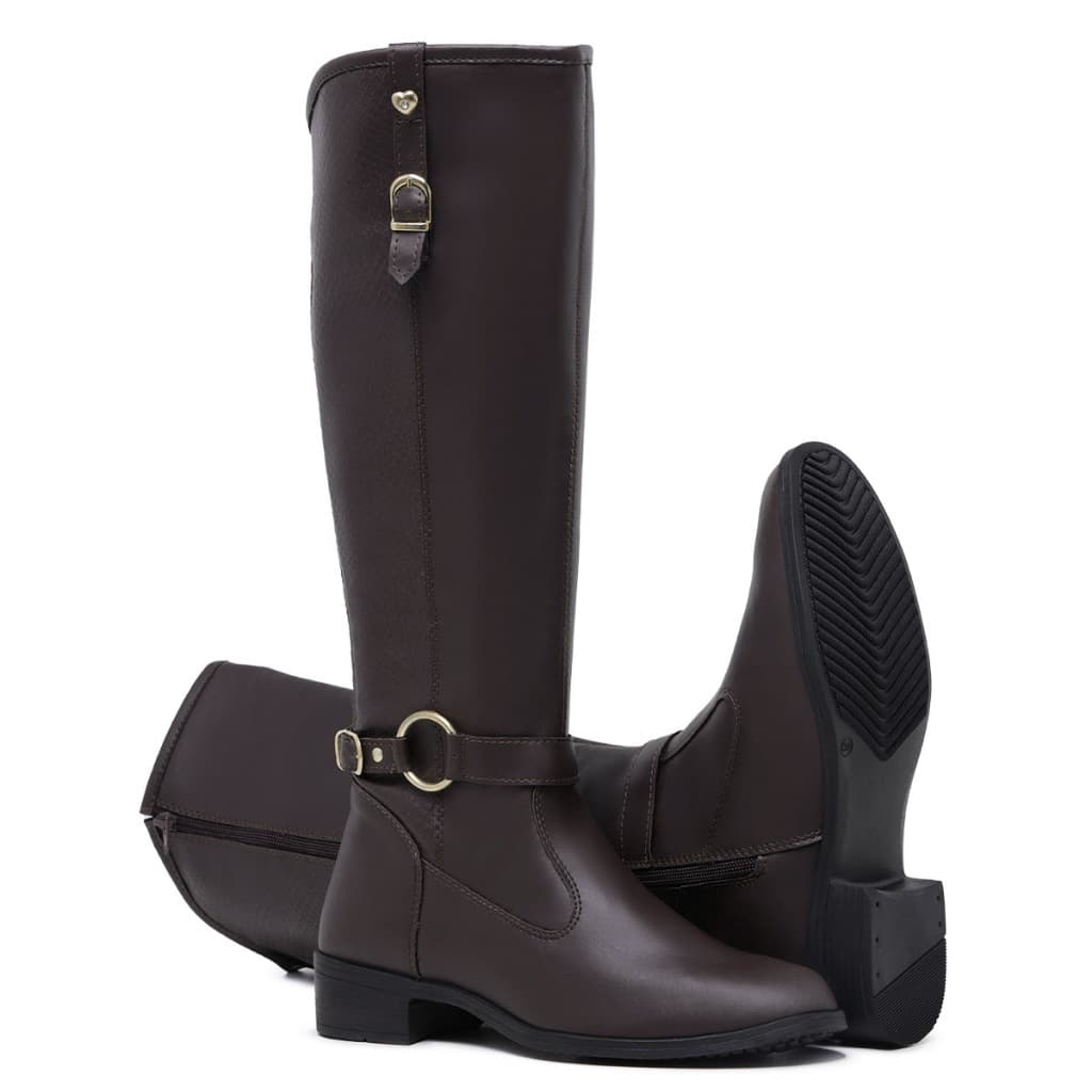 Bota Montaria Feminina Marrom 11080 Cano Alto Casual Confortável Como Zíper Lateral Schiareli