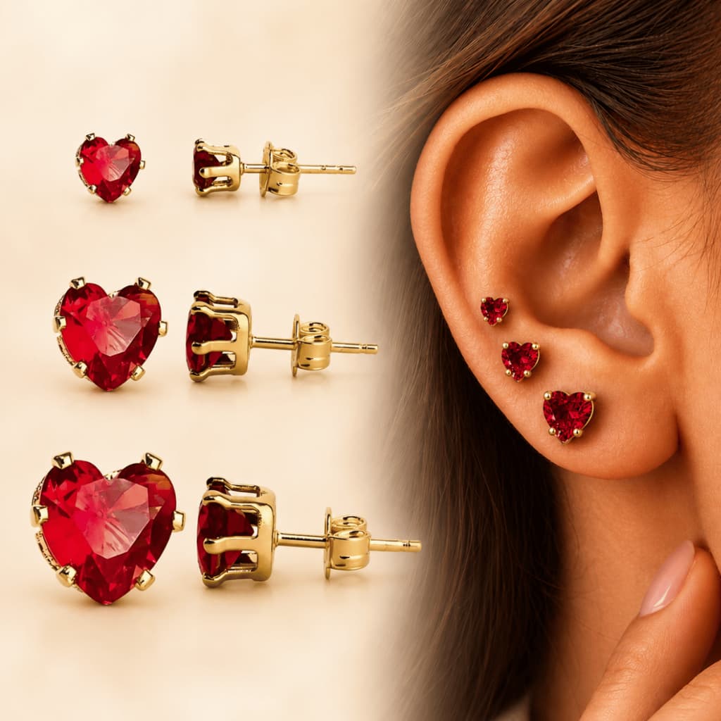 Kit brincos 3 pares de Coração Zircônia Folheado a Ouro Cores 18K SEMI JOIA Feminino Moda