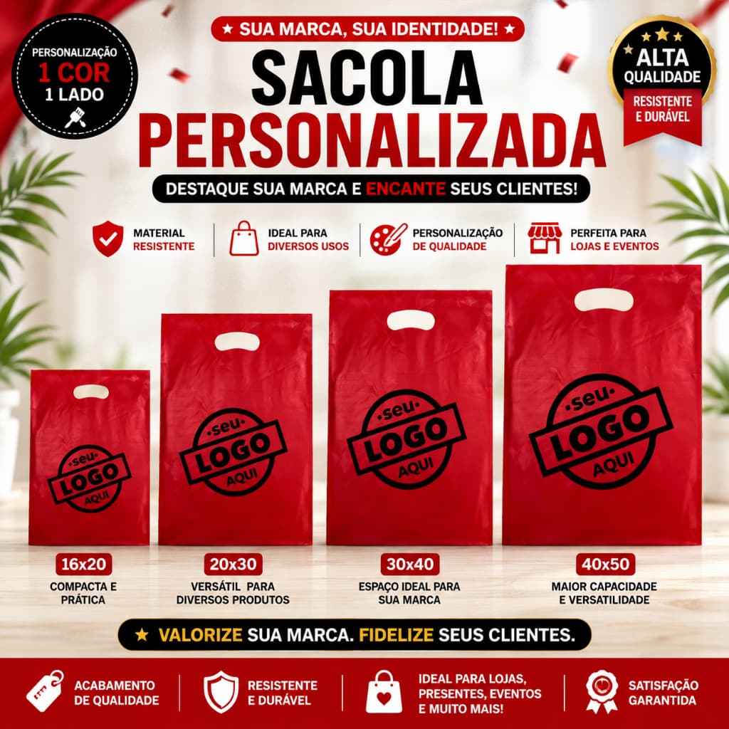 Sacola Plastica Boca Vazada - Boca de Palhaço - Alça vazada - PERSONALIZADA COM O SEU LOGO 100 und