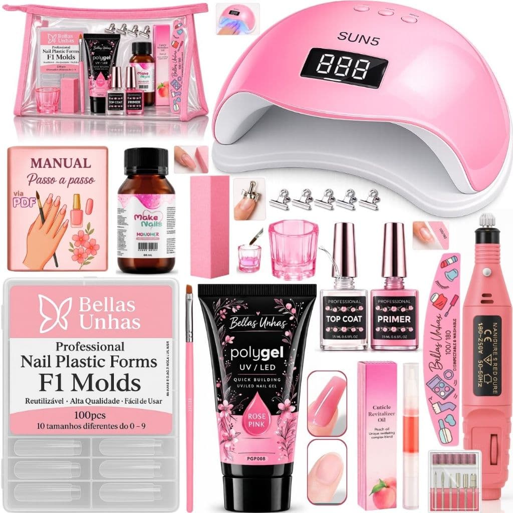 Kit Completo Alongamento de Unhas Polygel F1 com Cabine Sun 5 + Lixadeira Elétrica | Envio Imediato