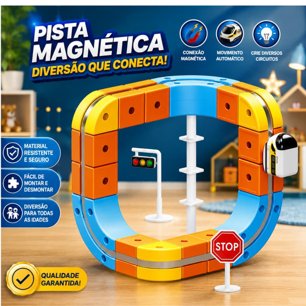 Trem Magnético Pista Versátil 66 Peças com Trilhos 3D Flexíveis – Circuito Educativo Recarregável USB