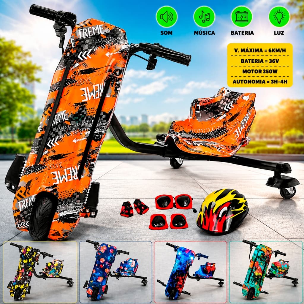 Triciclo Elétrico Drift 350W Bluetooth 8 Polegadas Led 3 Velocidades Musica Bluetooth Led