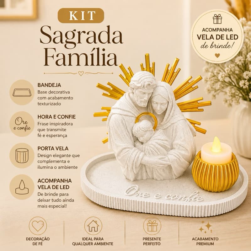 Kit Sagrada Família com Bandeja “Ore e Confie” + Porta-Vela Dourado + Vela LED