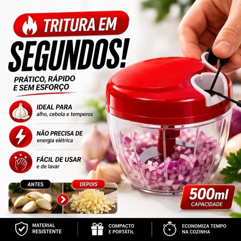Processador Triturador de Alimentos Manuel 500ml 3 Lâminas Aço Inox Picador Alho Cebola Legumes Sem Eletricidade