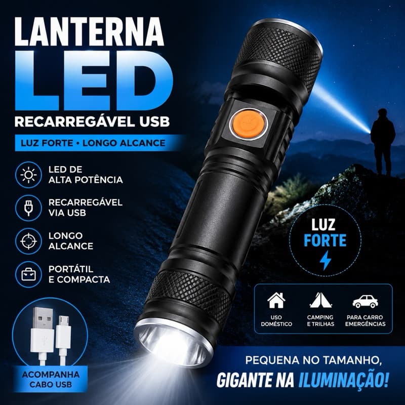 Lanterna LED Recarregável USB Portátil Luz Ultra Negra Forte Longo Alcance Alta Potência