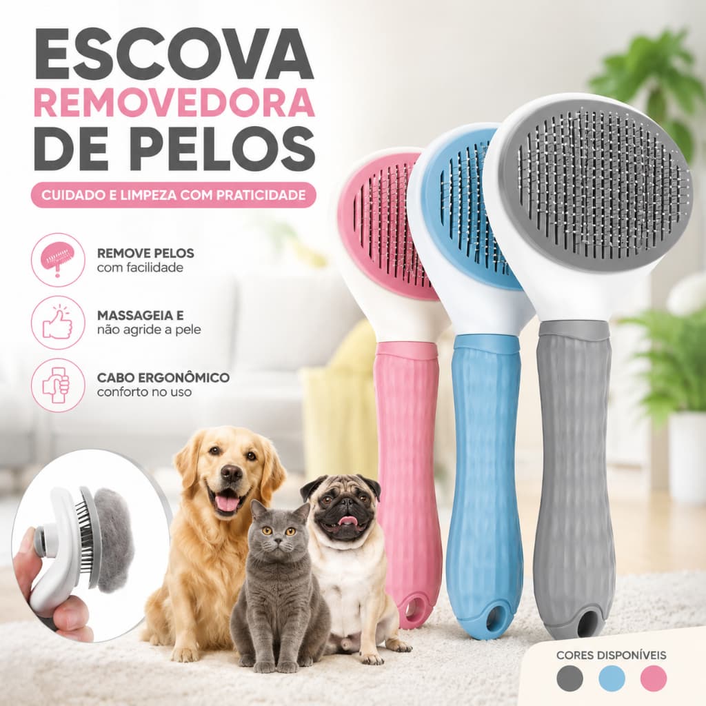 Escova Rasqueadeira Removedora Tira Pelos Pet Cães Gatos Cachorros