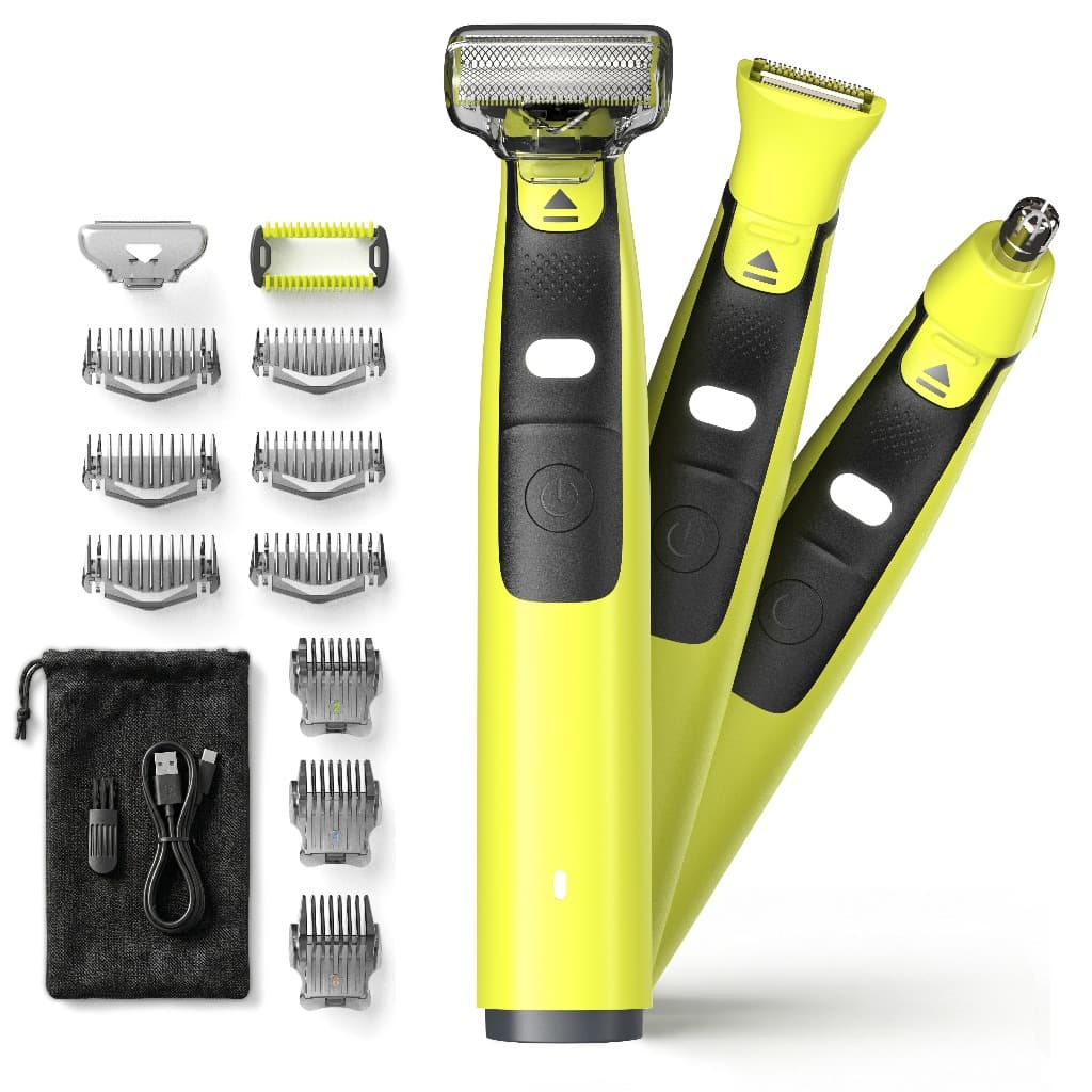 Barbeador Elétrico Masculino Aparador de Pelos Corpo Virilha Axilas Peito IPX6 Lâmina Inox LED USB-C 9 Pentes Amarelo