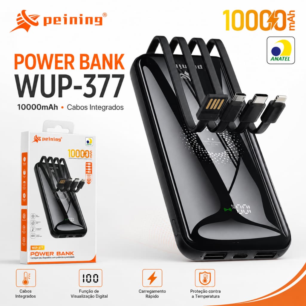 Carregador Portátil | Power Bank Peining WUP-377 10.000mAh | Carregador por Indução | 4 Cabos Embutidos