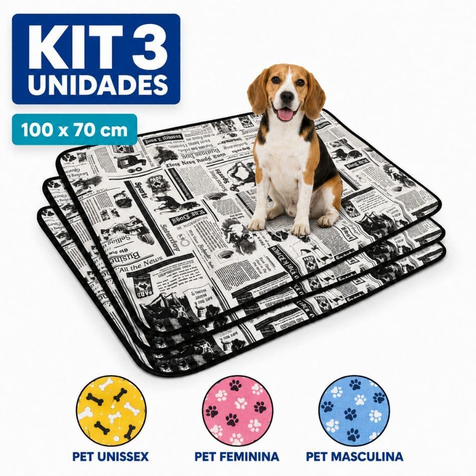 Tapetes Higiênico Lavável Kit 3 Peças Jornal 100x70cm Xg - 300 lavagens