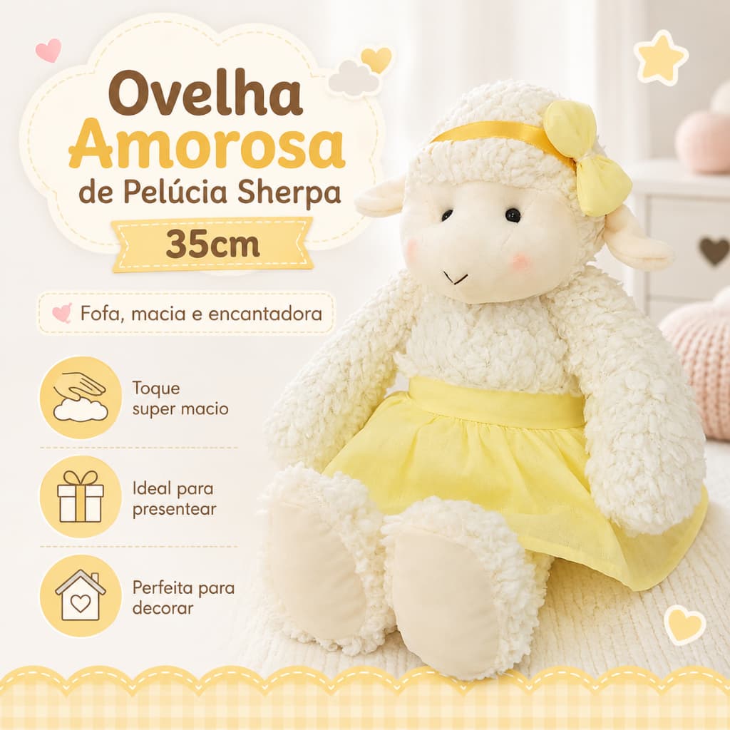 Ovelha de Pelúcia 35cm com Saia Fofa Infantil Macia para Bebê Presente e Decoração de Quarto