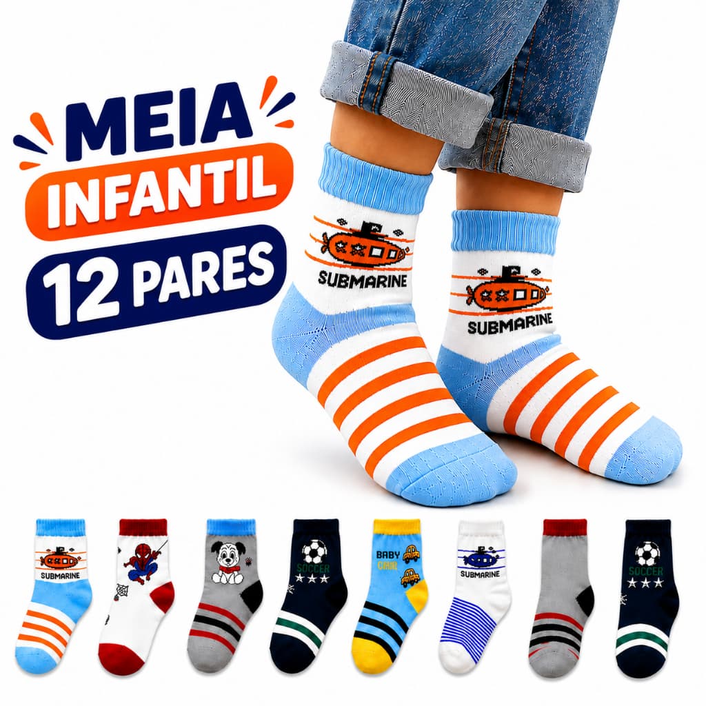 Kit 12 Pares Meias Infantil Menino Algodão Estampadas Coloridas