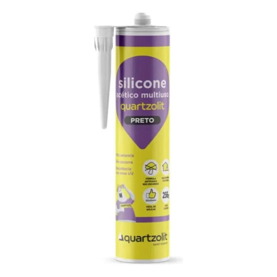 Silicone acético multiúso (de 256 gramas) preto Quartzolit (não amarela nem escorre) resistente a UV