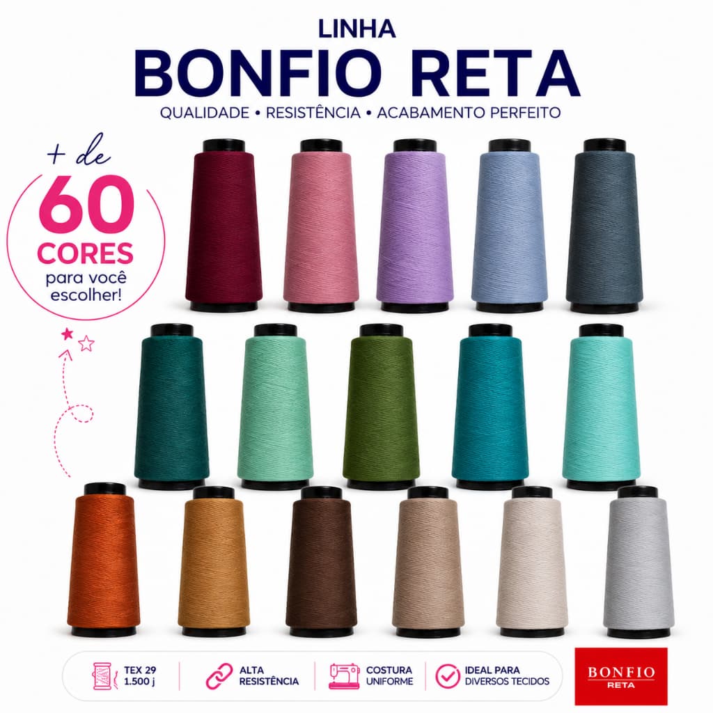 Linha de Costura Bonfio 1500 jardas 120 100% Poliéster 1371mt Original 2