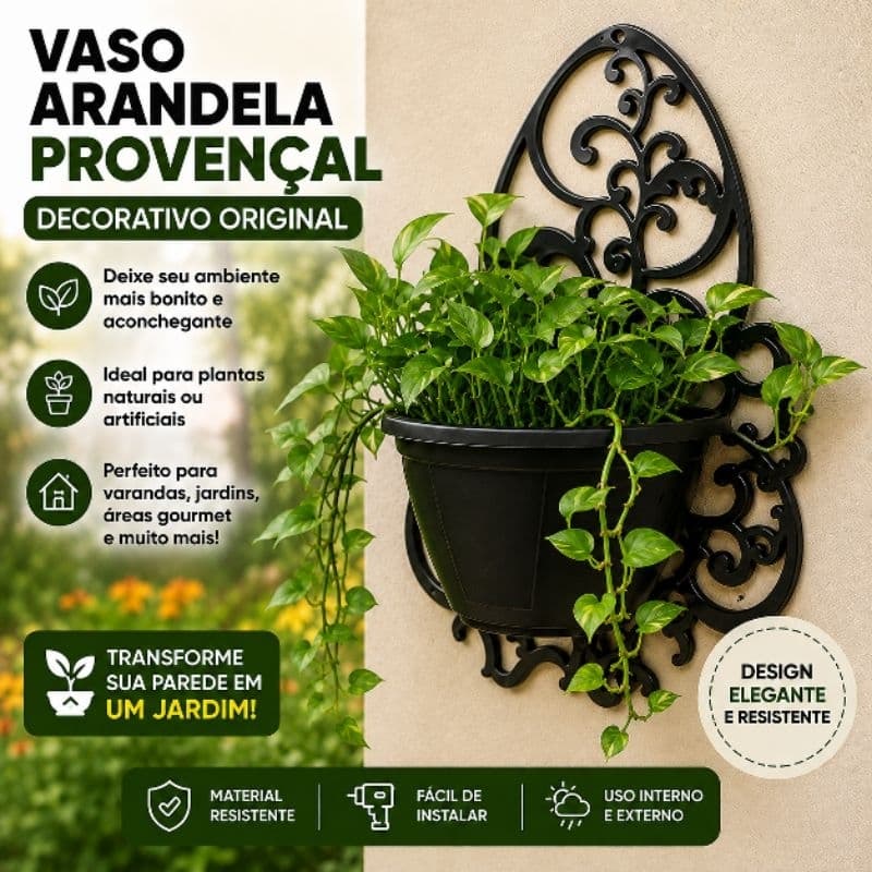 Kit 6 Vasos Arandela Provençal Preto original de Plástico para Parede jardim flores Suculentas Decoração