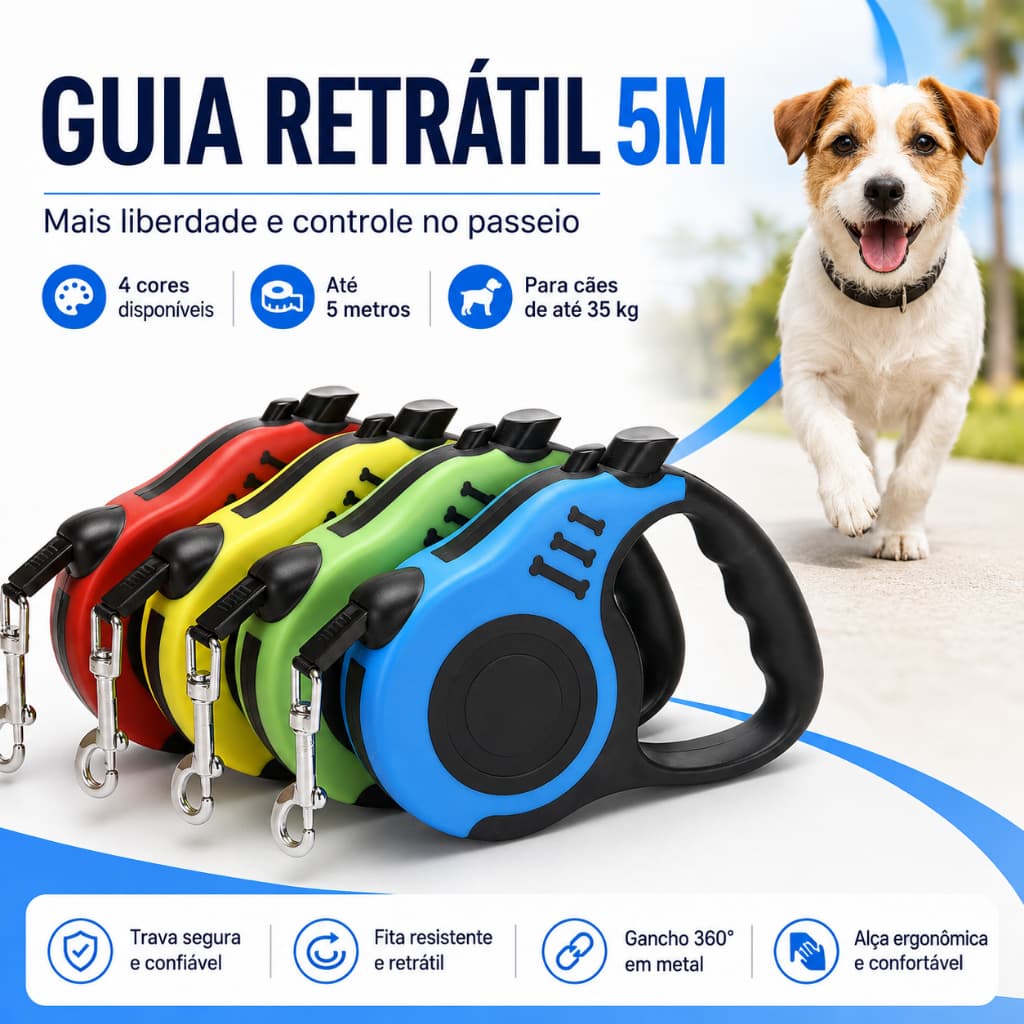 Guia Retrátil de 5m para Cães, Guia Resistente de Nylon para Filhotes, Cães e Gatos, Artigos para Pets, Corda de Passeio