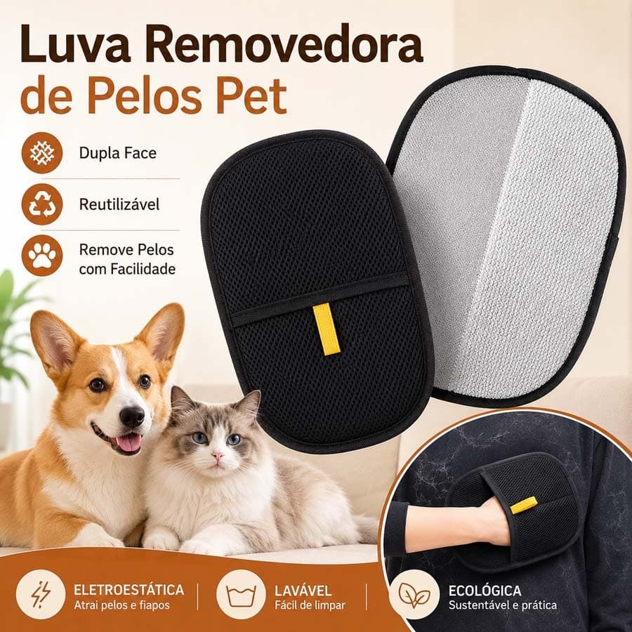 Removedor de pelos de animais reutilizável; luvas portáteis e laváveis ​​para remoção de pelos.