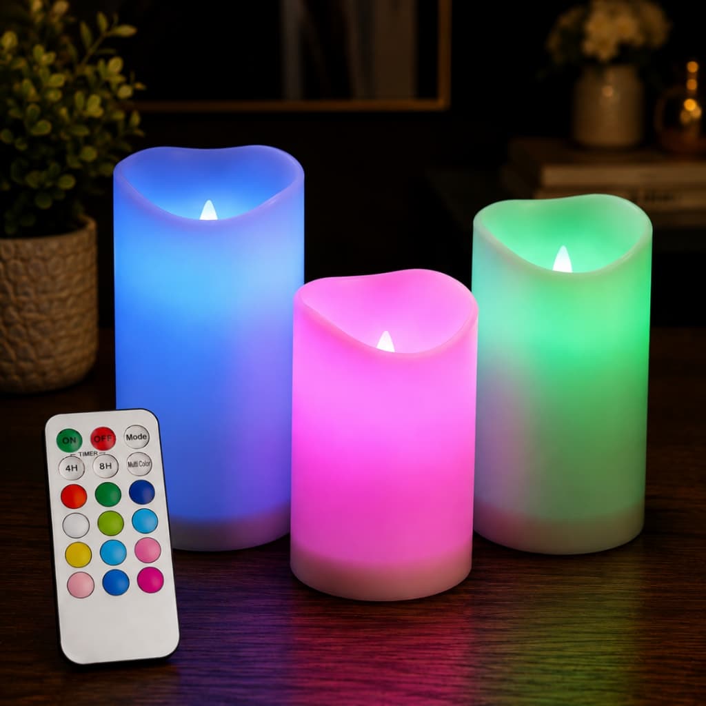 Kit 3 Velas LED RGB Multicoloridas Com Controle Remoto Timer Decoração Natalina A Pilha