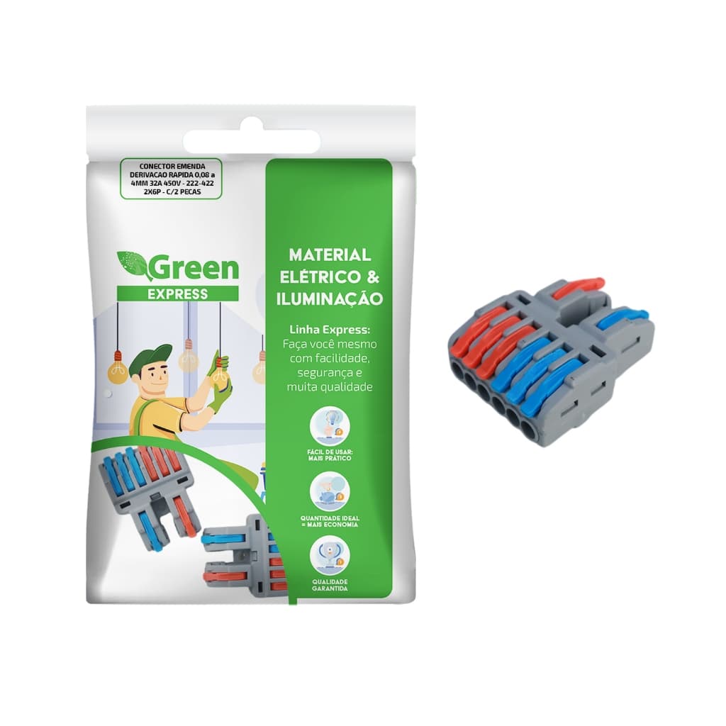 Kit 2 Conectores de Emenda e Derivação Rápida 0,08 a 4mm² 32A 450V 222-422 2x6 Polos