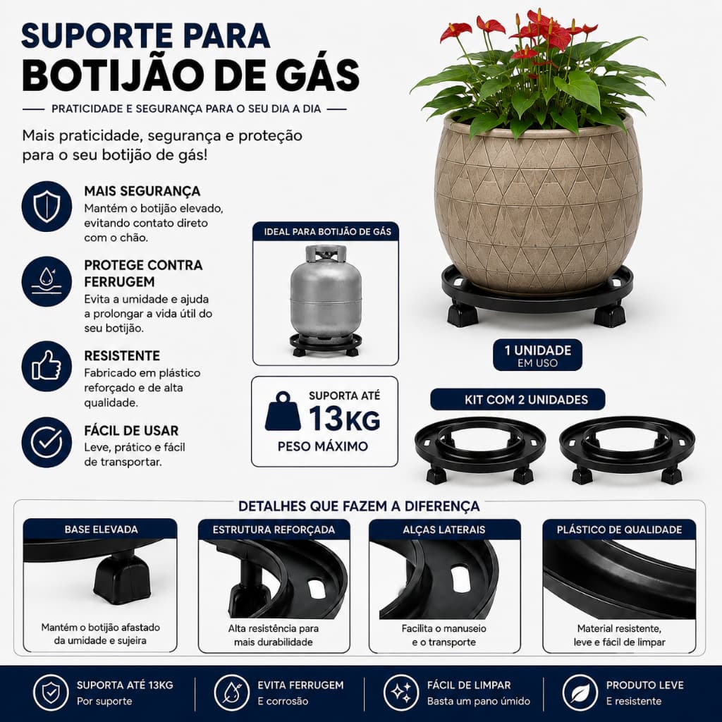 Kit 2 Suportes para Botijão de Gás Reforçado – Base Elevada Antiferrugem – Suporta até 13kg