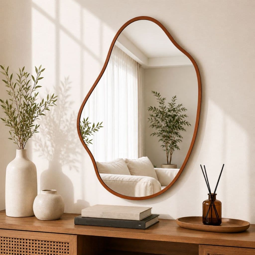 Espelho Lumina 60x40 Orgânico Com Moldura Em Couro Moderno Reforçado Luxo + Suporte Fácil Instalação