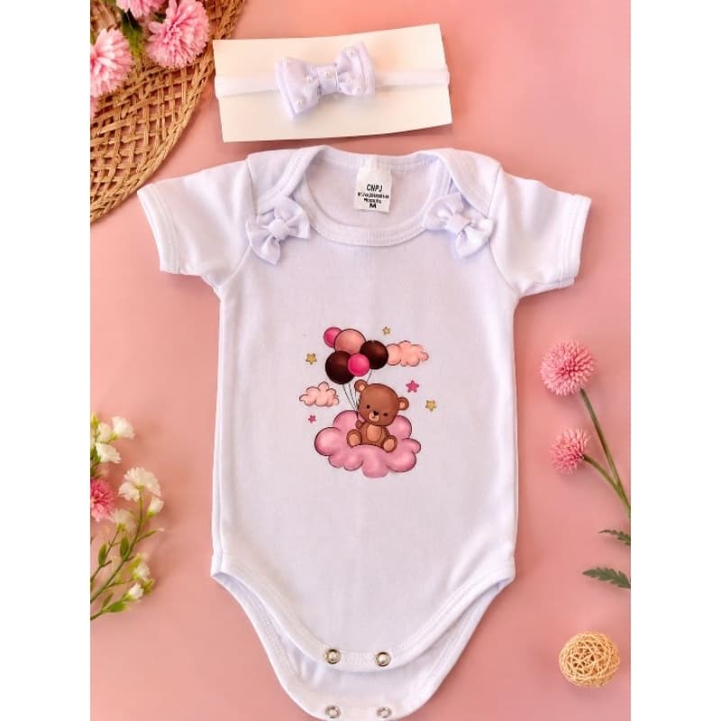 Body Bebê Menina Branco com Lacinhos + Faixinha de Cabelo | Body Infantil Bebê com Estampa Ursinho