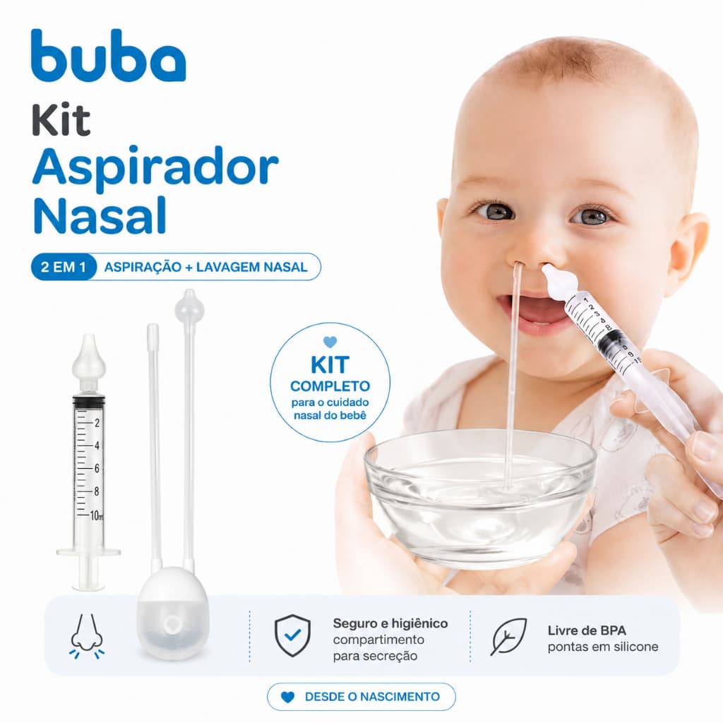 Kit Aspirador Nasal Sucção e Seringa Lavador Nasal Bebê Buba