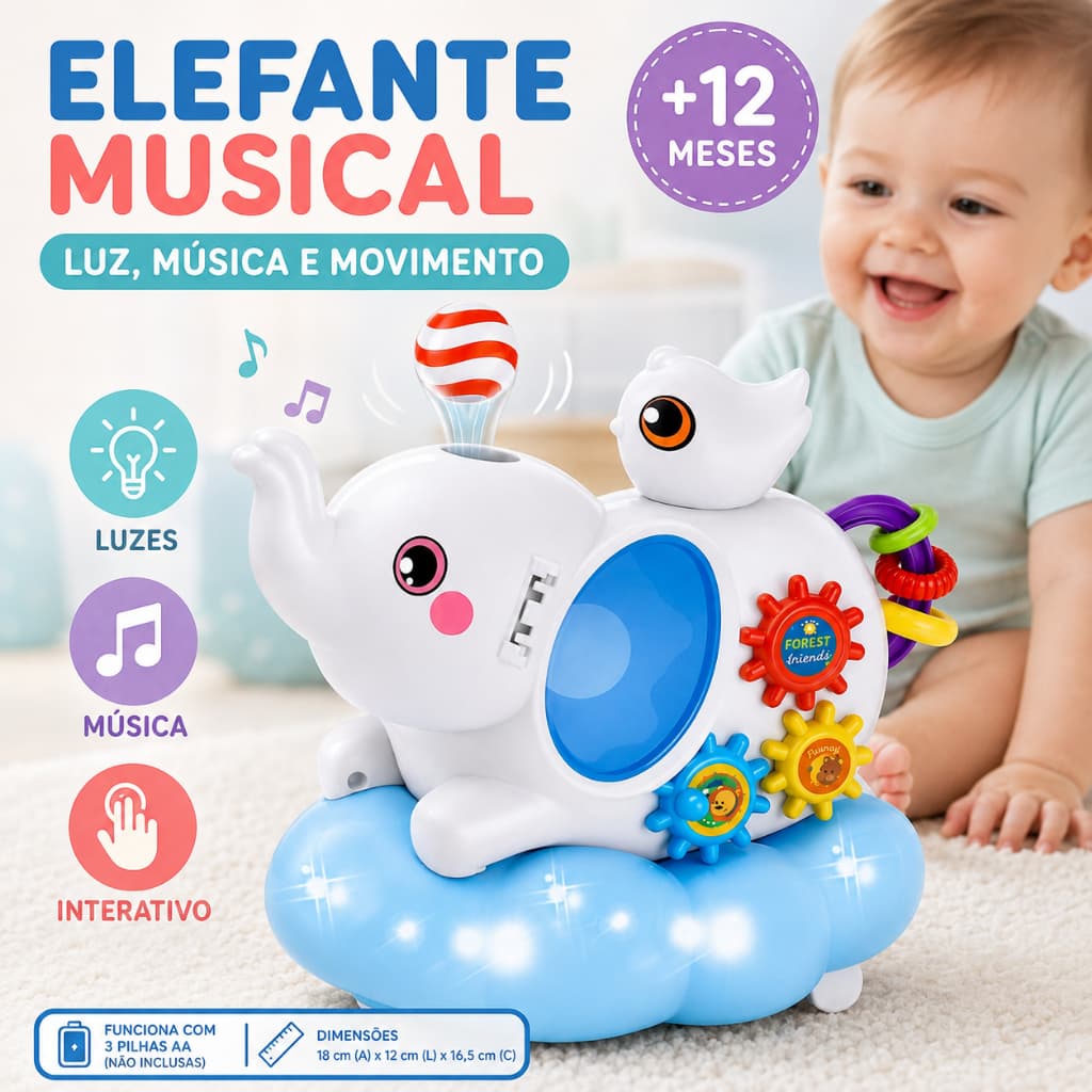 Elefante Musical Infantil com Luz e Movimento Brinquedo Interativo para Bebê