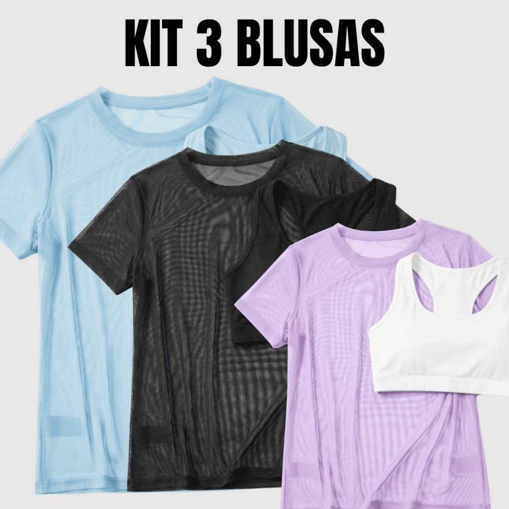 Kit 3 Blusa Feminina Transparente de Tule Manga Curta Camiseta Para Treino Academia Elegante