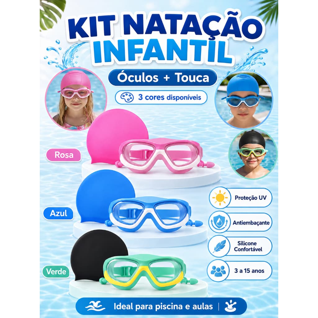 Kit Óculos De Natação Infantil  Antiembaçante + Touca Silicone UV Protetor Auricular Integrado