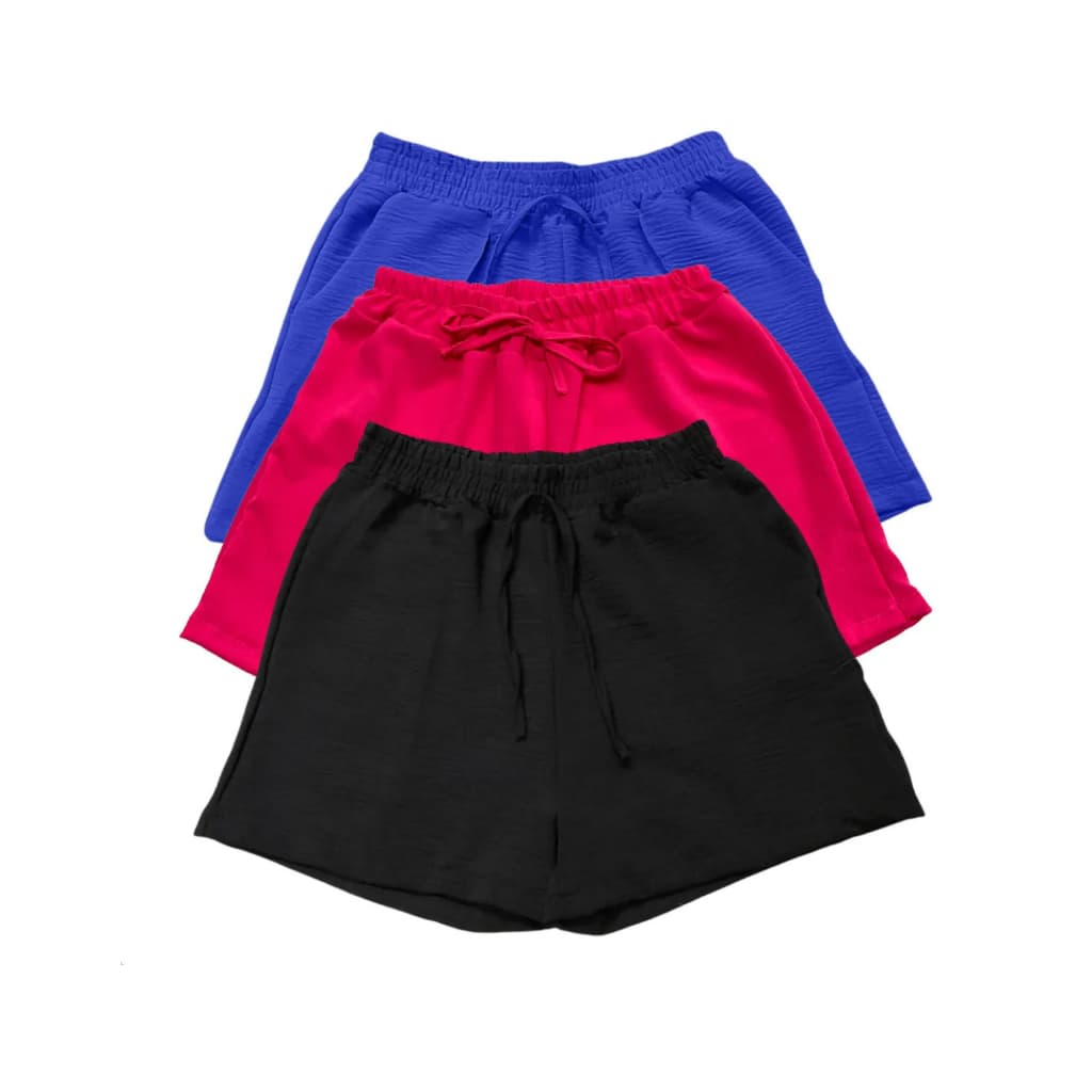 Kit 3 Shorts Feminino Duna Cintura Alta Com Elastico Soltinho Confortável Não Transparente Sem Bolso Moda Verão