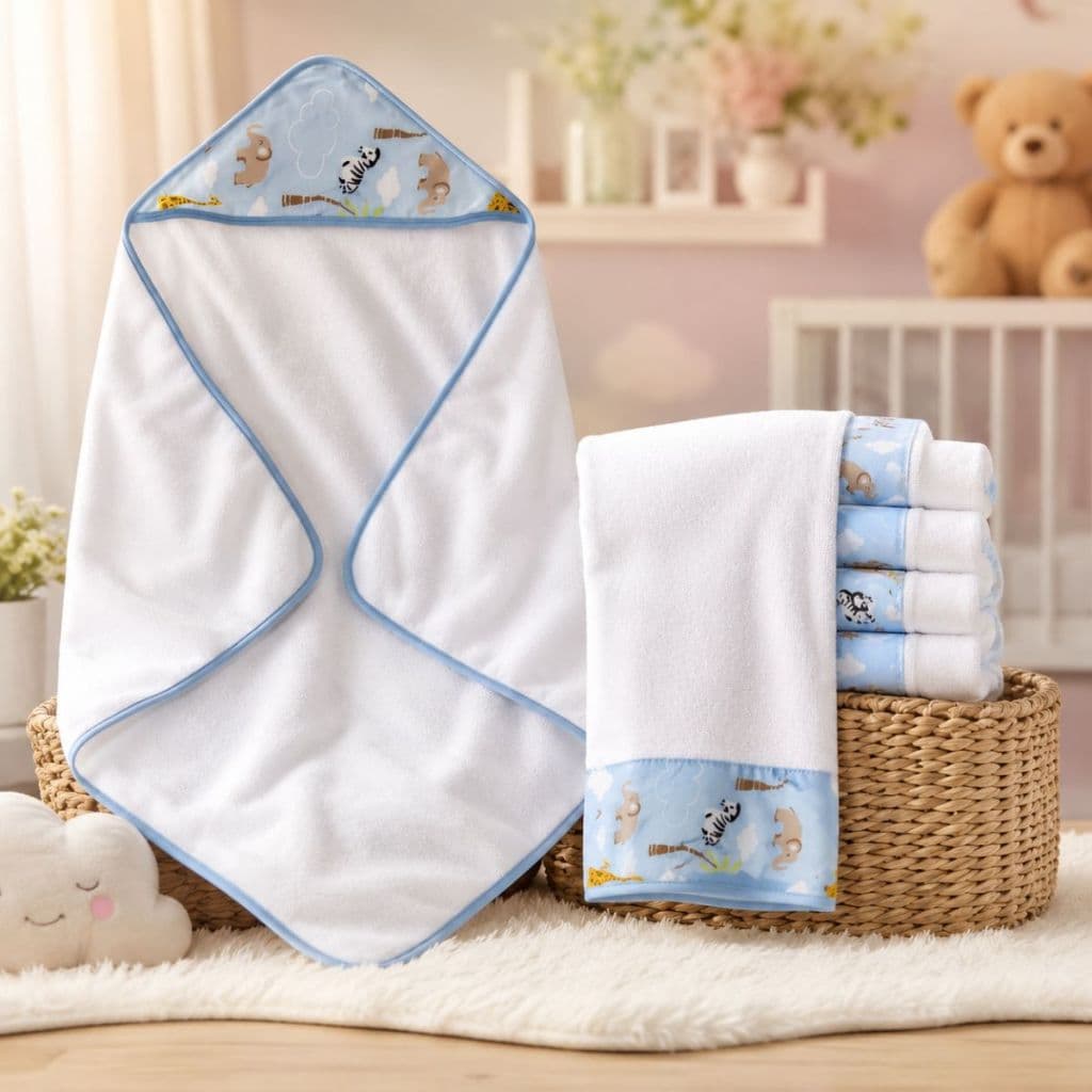 Toalha de Banho Para Bebe com Capuz Kit 5 Fralda de Boca Ombro Enxoval Menino Menino Rosa Azul