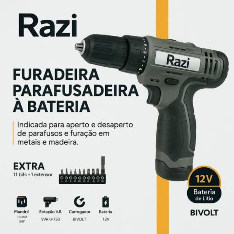 Furadeira e Parafusadeira Razi 12v Para Uso Residencial Excelente Custo Benefício Super Oferta