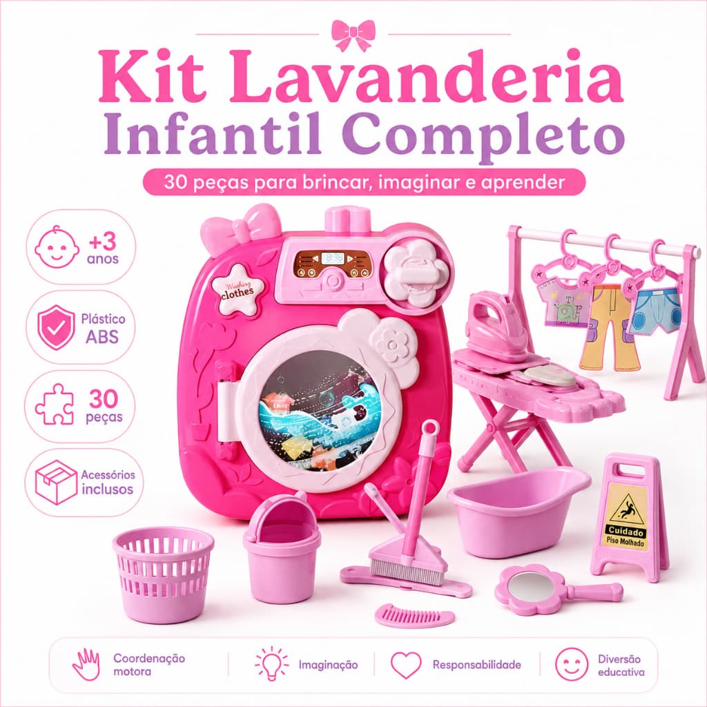 Brinquedo Infantil Máquina De Lavar Com Acessórios e Diversão