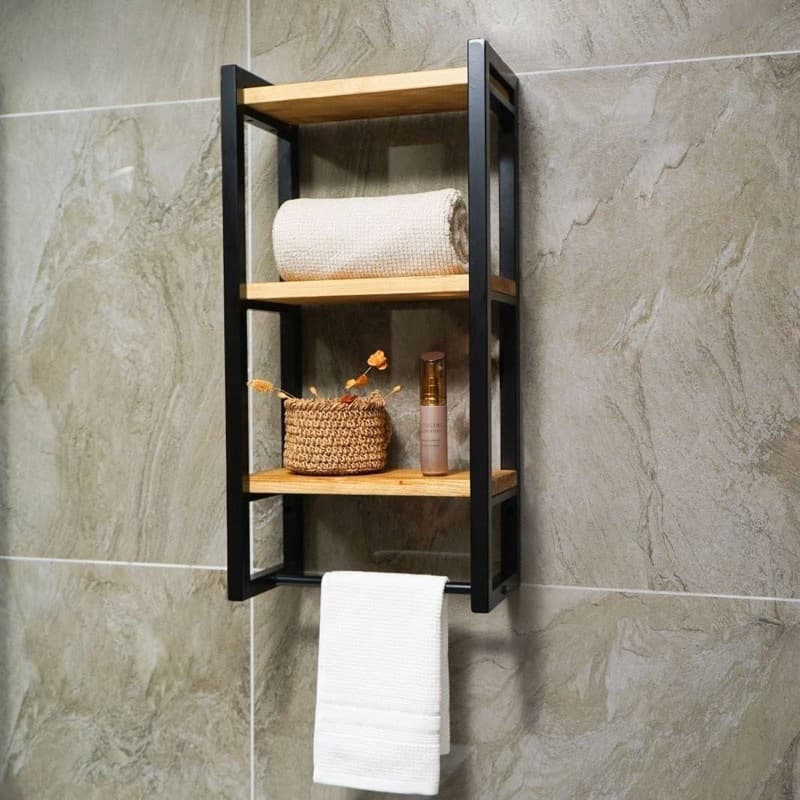 Prateleira de Parede para Banheiro Preta Estilo Industrial com 3 Nichos e Porta Toalha