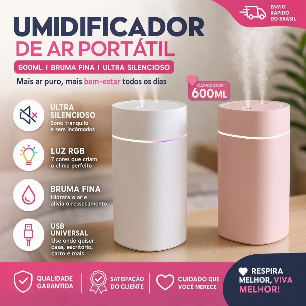 Umidificador De Ar Ultra-Sônico USB Grande Com LED Ambiente Portátil De Bocal Duplo 600ml