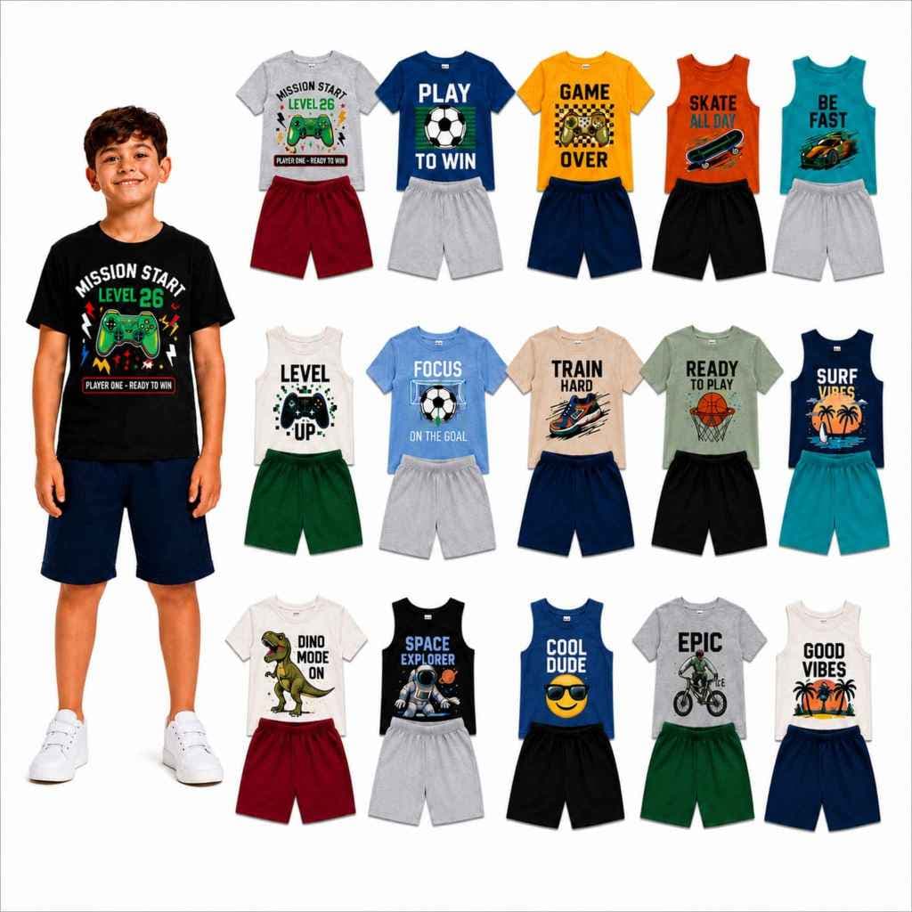 Kit 10 peças Conjunto Verão 5 Camisetas + 5 Bermudas Infantil Masculino/Menino Estampa Sortida
