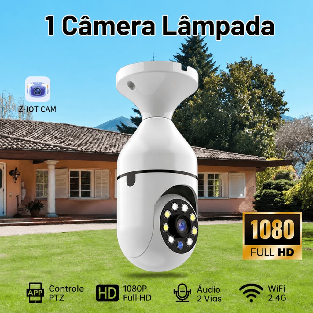 Câmera Lâmpada E27 WiFi 360° PTZ 1080P Segurança Visão Noturna Detecção de Movimento Áudio Duas Vias