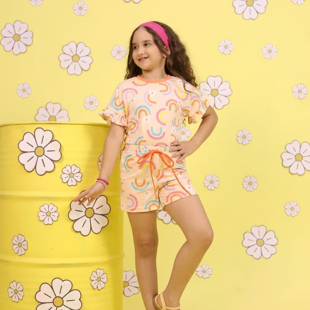Conjunto Infantil Menina Arco-Íris Laranja Verão Blusinha e Short Fofo Confortável Moda Infantil