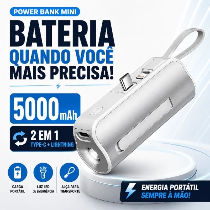 Power Bank 5000mAh Mini Carregador Portátil 2 em 1 Tipo-C Lightning Kapbom KA-9788