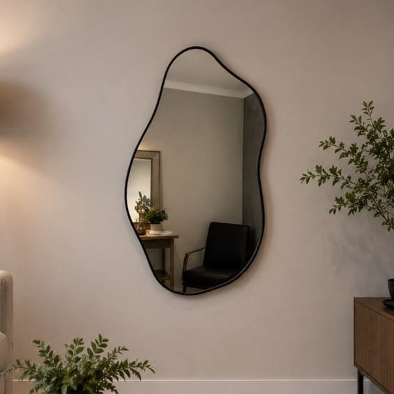 Espelho Grande Orgânico Decorativo Borda Moldura Couro Preto Penteadeira Lavabo Dubai A60 x L40
