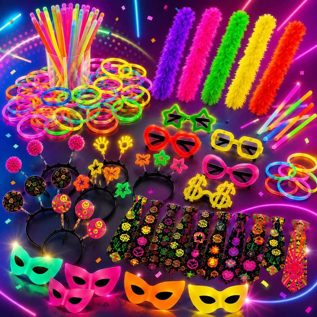 Kit Balada Festa Neon Casamento 150 Peças Pulseira Tiara Óculos Marabu Máscaras Gravatas Kit 80 Pçs